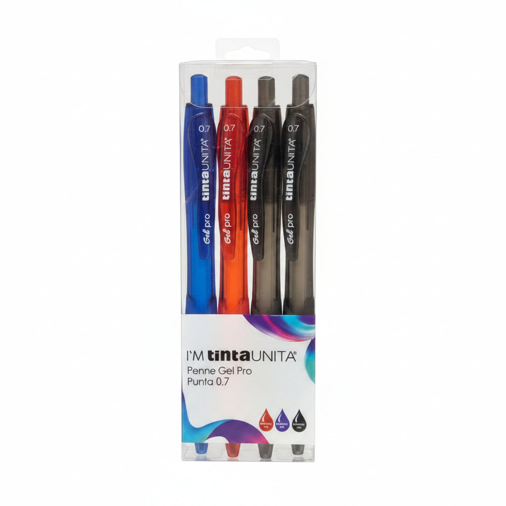 Set 4 Penne Gel Pro I'M Tinta Unita Punta 0.7 mm – 2 Nere, 1 Rossa, 1 Blu