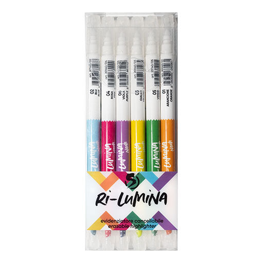 SPilessenza: Set 6 Evidenziatori cancellabili a penna doppia funzione sottolinea e cancella doppia punta colori fluo