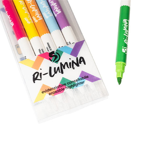 SPilessenza: Set 6 Evidenziatori cancellabili a penna doppia funzione sottolinea e cancella doppia punta colori fluo
