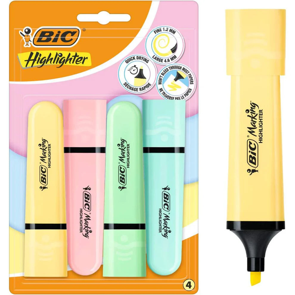 Set 4 Evidenziatori BIC Flat – Punta a Scalpello Pastello e Fluo