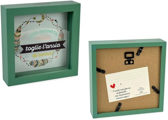 Salvadanaio Decorativo in Legno 16x16 cm – «Una moneta al giorno toglie l’ansia di torno!»