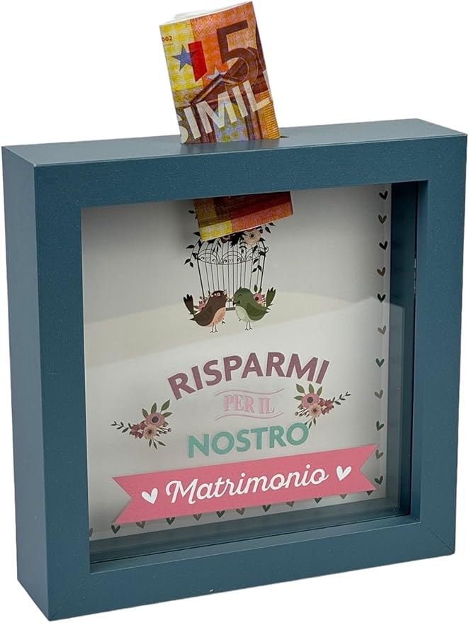 Salvadanaio Decorativo in Legno 16x16 cm – «Risparmi per il nostro matrimonio»