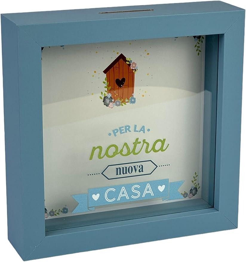 Salvadanaio Decorativo in Legno 16x16 cm – «Per la nostra nuova casa»