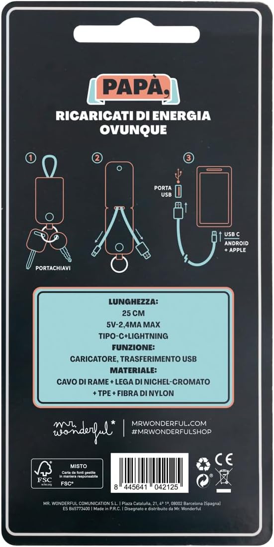 Mr.Wonderful: Portachiavi con caricabatterie per il cellulare "Papà riesce in tutto"