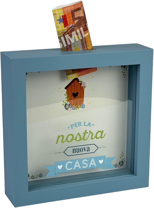 Salvadanaio Decorativo in Legno 16x16 cm – «Per la nostra nuova casa»