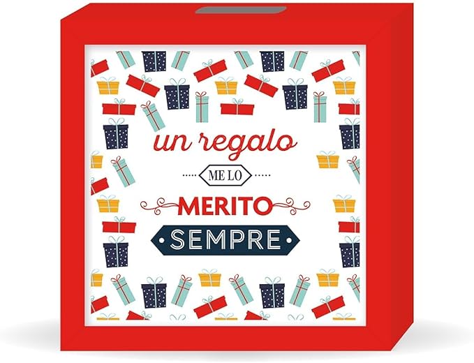 Salvadanaio Decorativo in Legno 16x16 cm – «Un regalo me lo merito sempre»