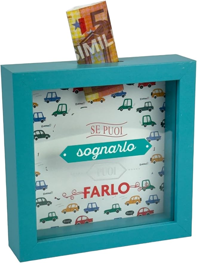 Salvadanaio Decorativo in Legno 16x16 cm – Design Auto « Se puoi sognarlo puoi farlo »