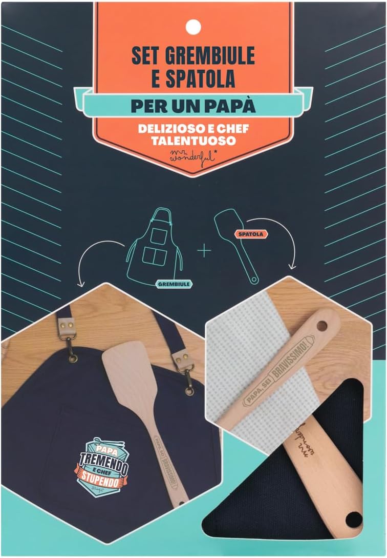 Mr.Wonderful: Set di grembiule + spatola di legno con messaggio per Festa del Papà
