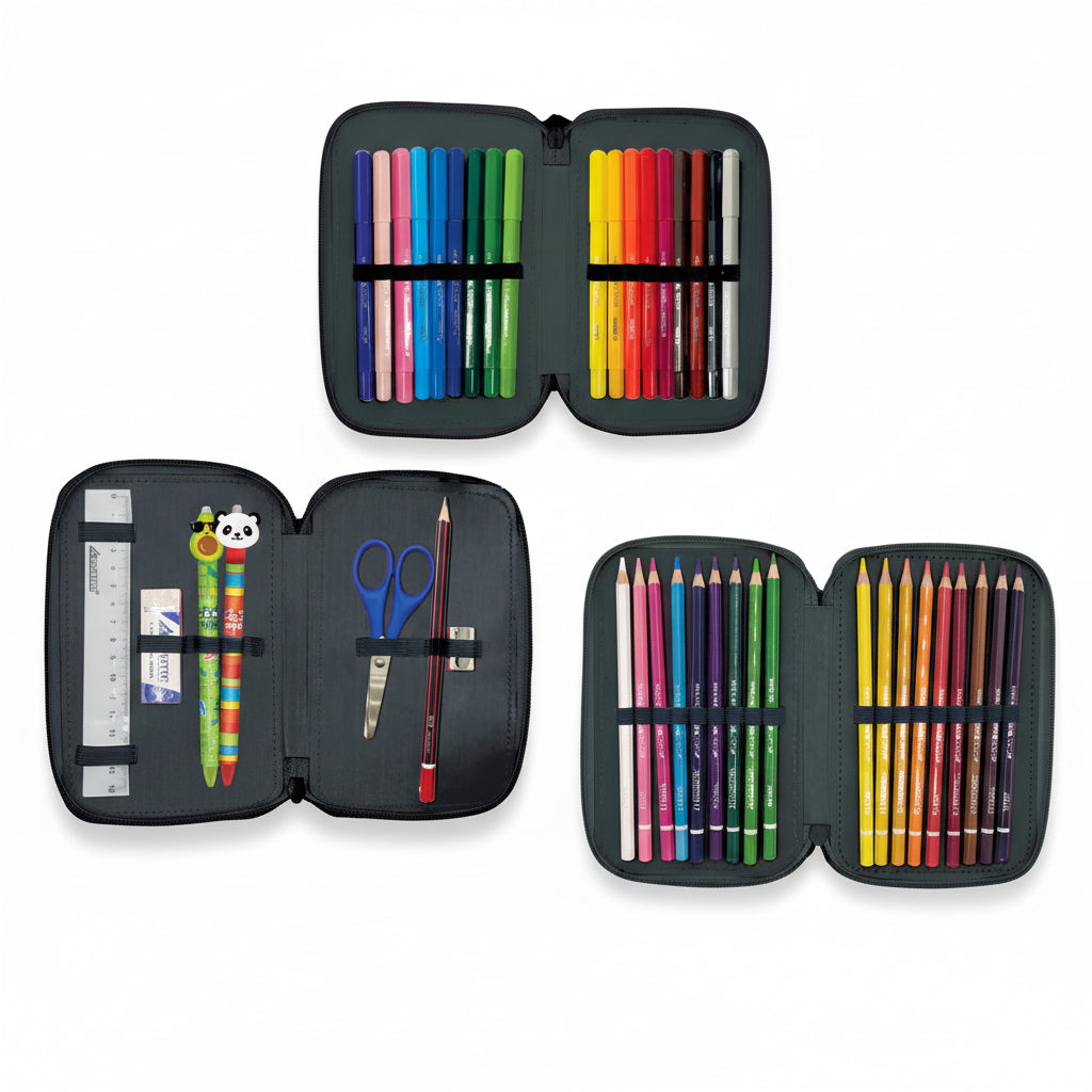 Astuccio 3 Zip Tinta Unita Zoo Wild Inside Nero – Completo per la Scuola