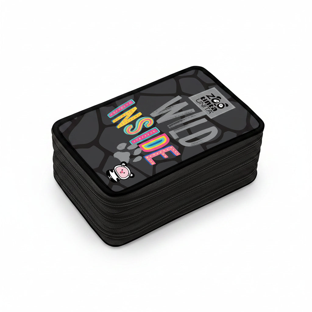 Astuccio 3 Zip Tinta Unita Zoo Wild Inside Nero – Completo per la Scuola