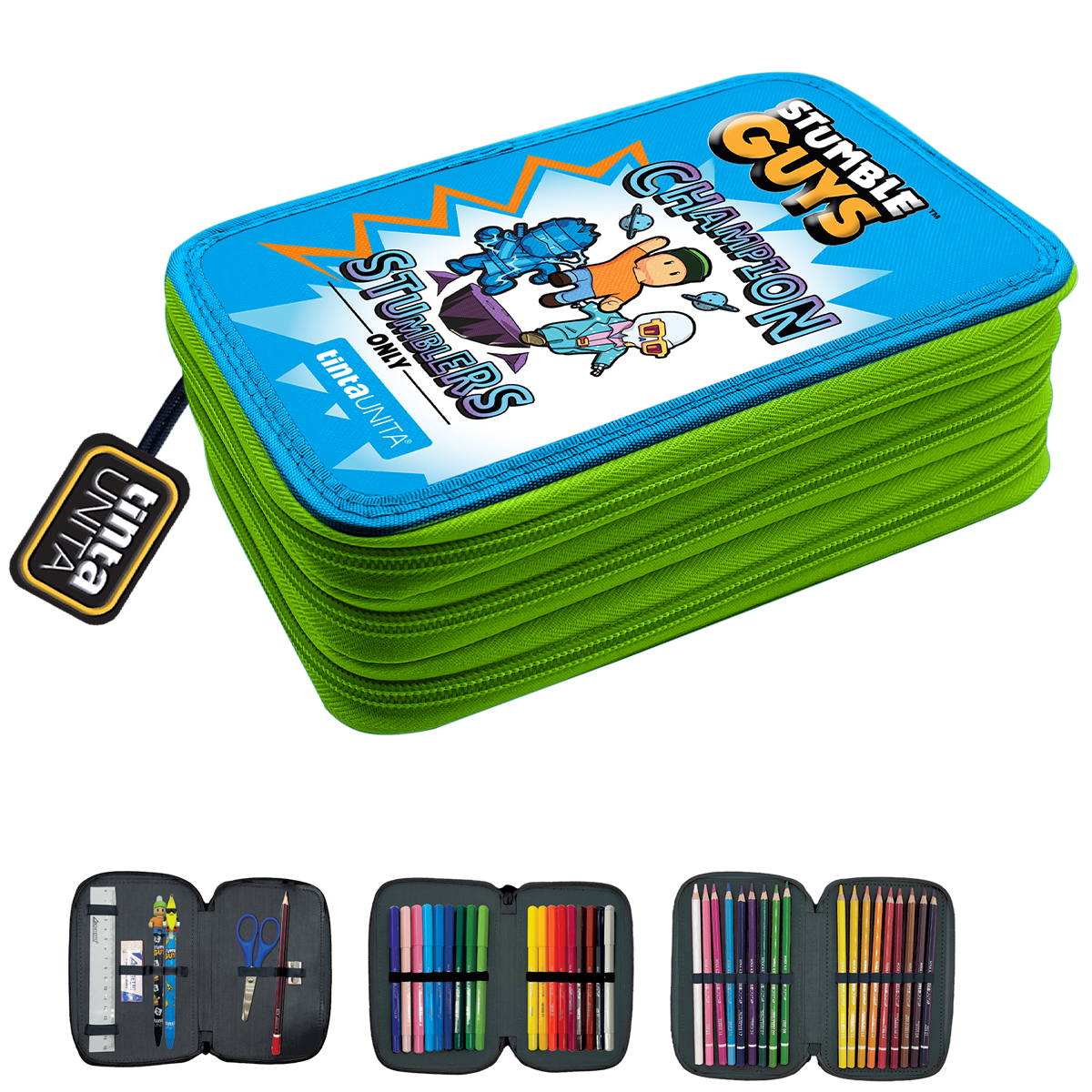 Astuccio 3 Zip Stumble Guys Azzurro con Contenuto – Tinta Unita