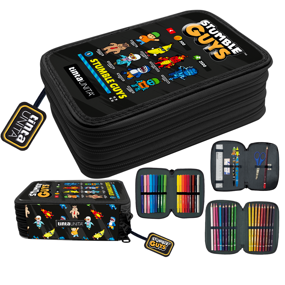 Astuccio 3 Zip Stumble Guys Nero con Contenuto – Tinta Unita