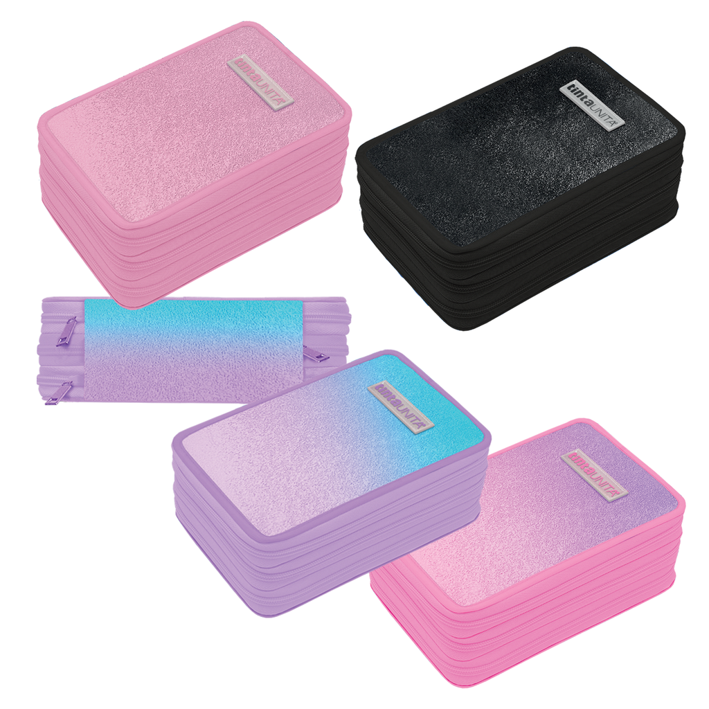 Astuccio 3 Zip Glamour Rosa Glitter Tinta Unita – Completo di Materiale