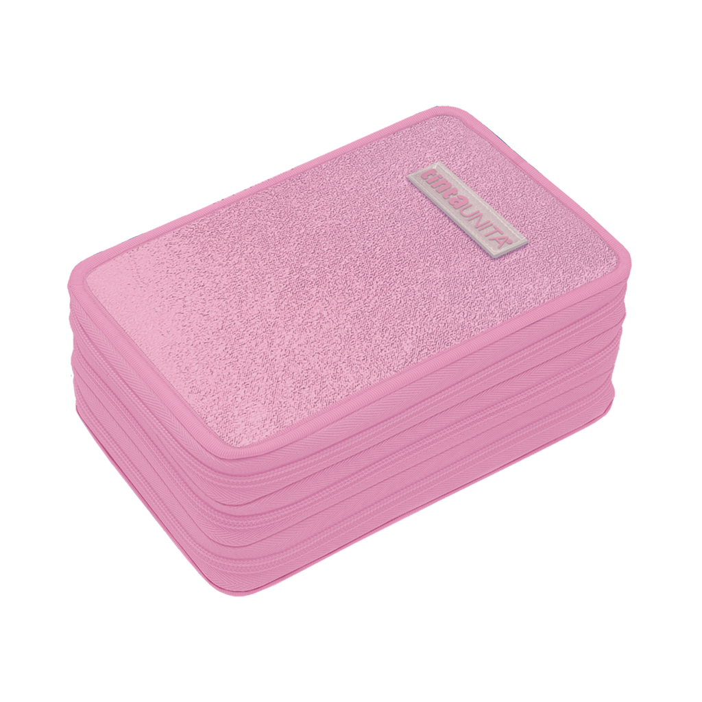 Astuccio 3 Zip Glamour Rosa Glitter Tinta Unita – Completo di Materiale