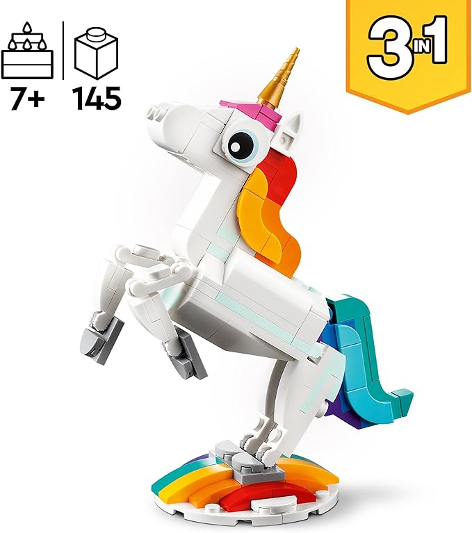 Lego: LEGO Creator 3 in 1 Unicorno Magico Giocattolo - Animale che si Trasforma in Cavalluccio Marino o in Pavone