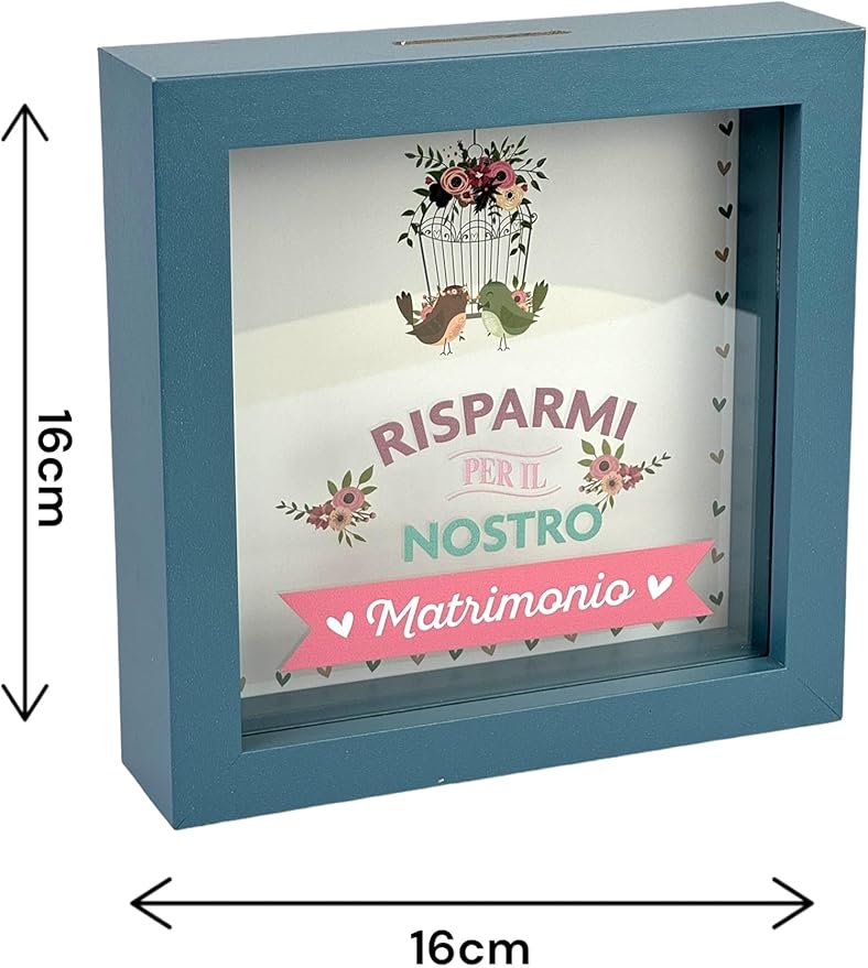 Salvadanaio Decorativo in Legno 16x16 cm – «Risparmi per il nostro matrimonio»