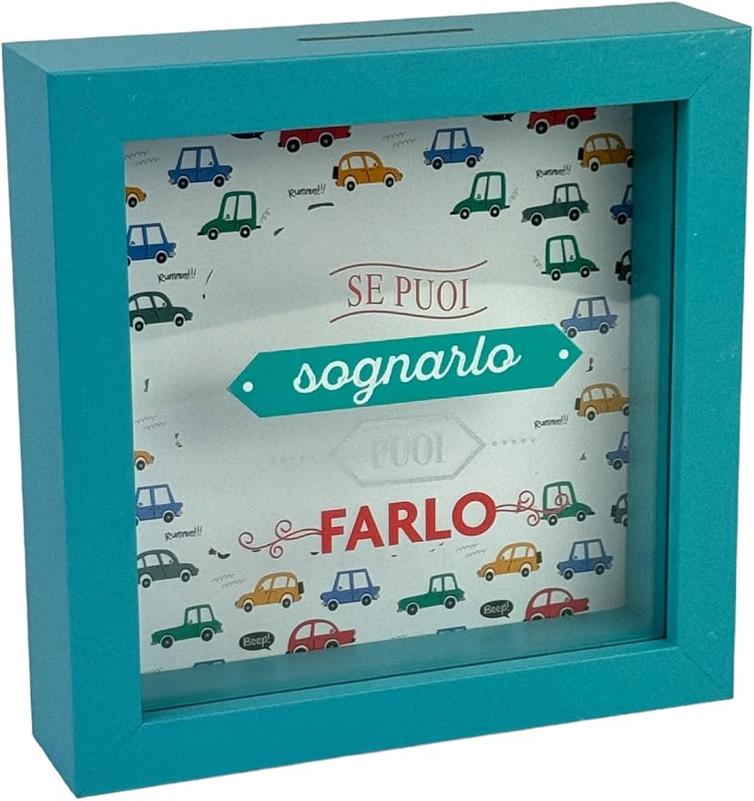 Salvadanaio Decorativo in Legno 16x16 cm – Design Auto « Se puoi sognarlo puoi farlo »