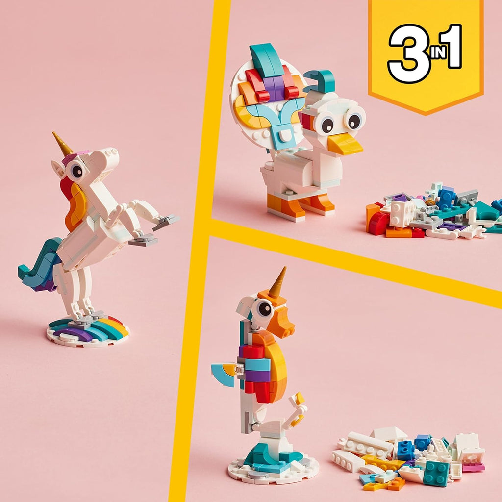 Lego: LEGO Creator 3 in 1 Unicorno Magico Giocattolo - Animale che si Trasforma in Cavalluccio Marino o in Pavone