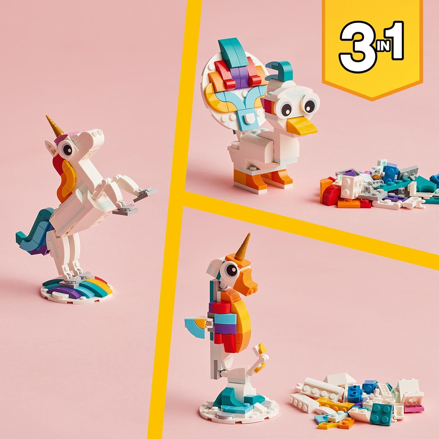 Lego: LEGO Creator 3 in 1 Unicorno Magico Giocattolo - Animale che si Trasforma in Cavalluccio Marino o in Pavone