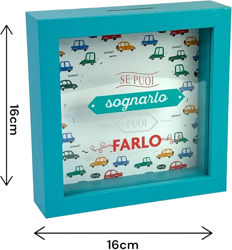 Salvadanaio Decorativo in Legno 16x16 cm – Design Auto « Se puoi sognarlo puoi farlo »