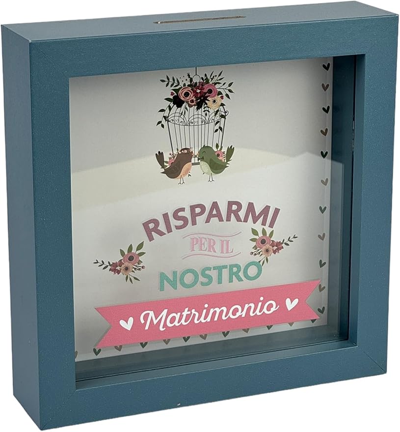 Salvadanaio Decorativo in Legno 16x16 cm – «Risparmi per il nostro matrimonio»