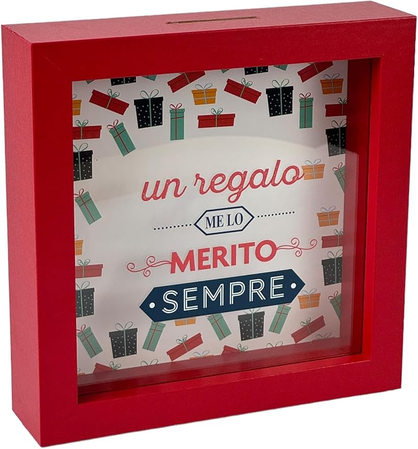 Salvadanaio Decorativo in Legno 16x16 cm – «Un regalo me lo merito sempre»