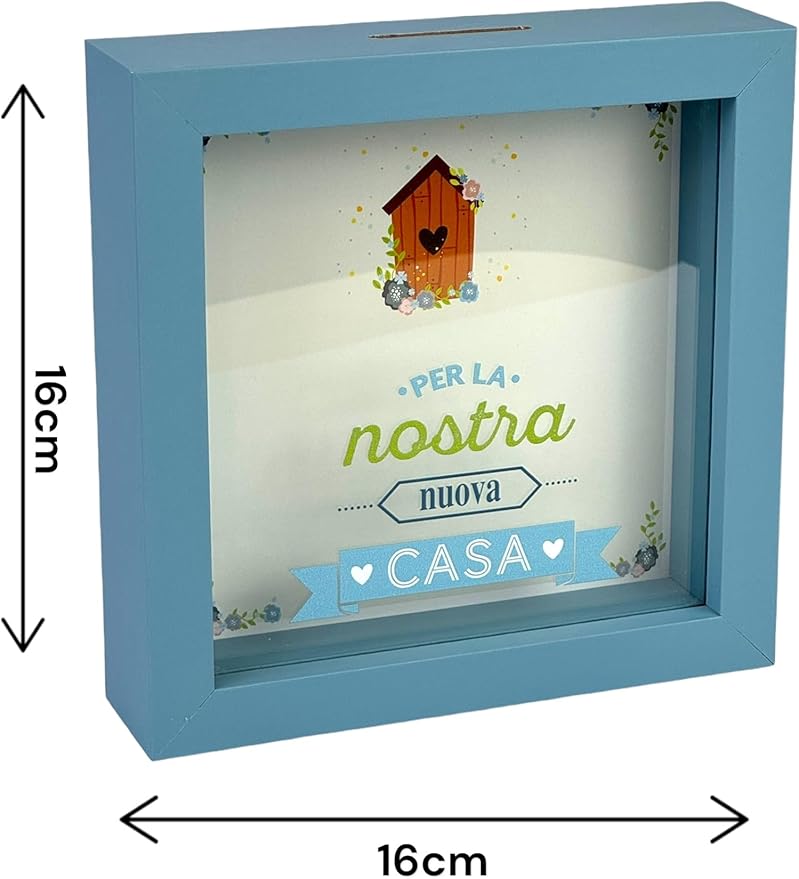 Salvadanaio Decorativo in Legno 16x16 cm – «Per la nostra nuova casa»