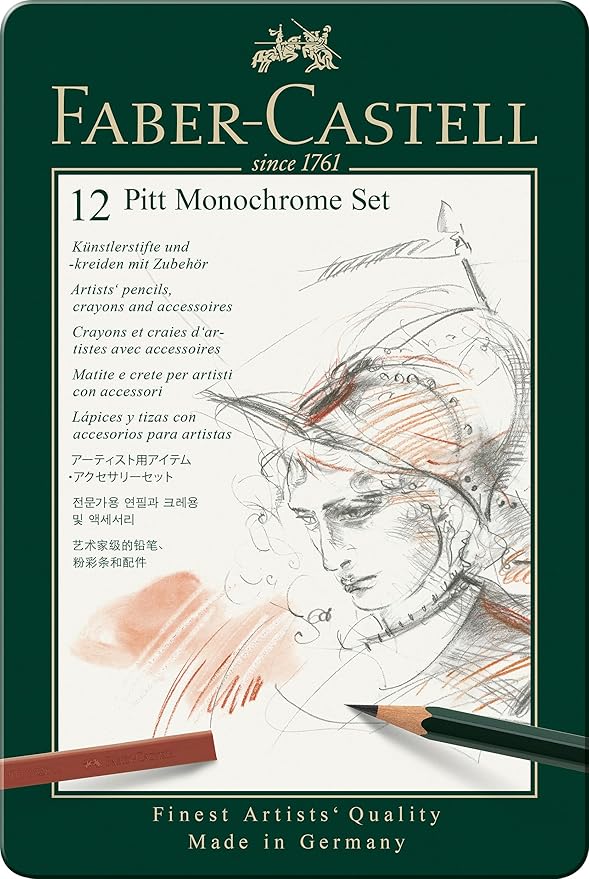 Faber Castell: Set 12 Pitt Monochrome matite e crete per artisti con accessori