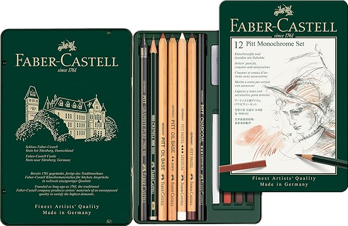 Faber Castell: Set 12 Pitt Monochrome matite e crete per artisti con accessori