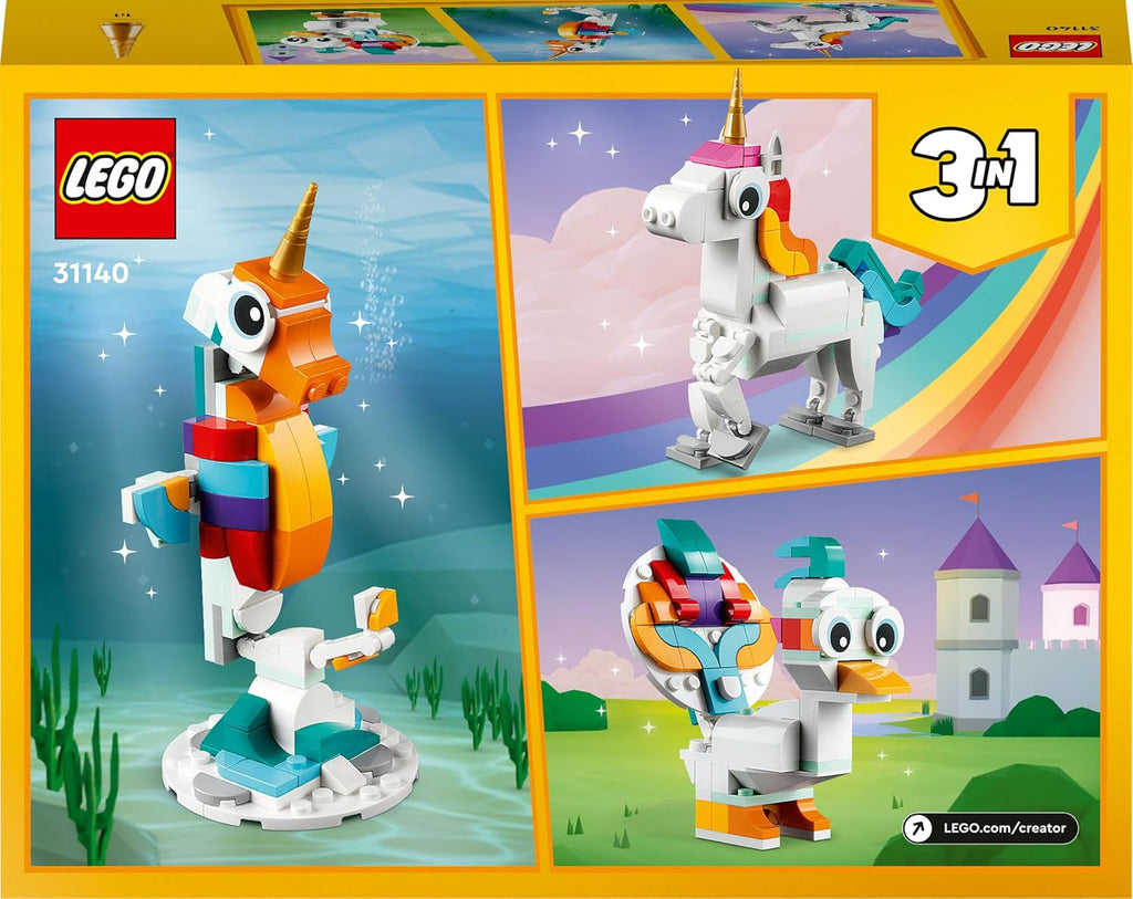 Lego: LEGO Creator 3 in 1 Unicorno Magico Giocattolo - Animale che si Trasforma in Cavalluccio Marino o in Pavone