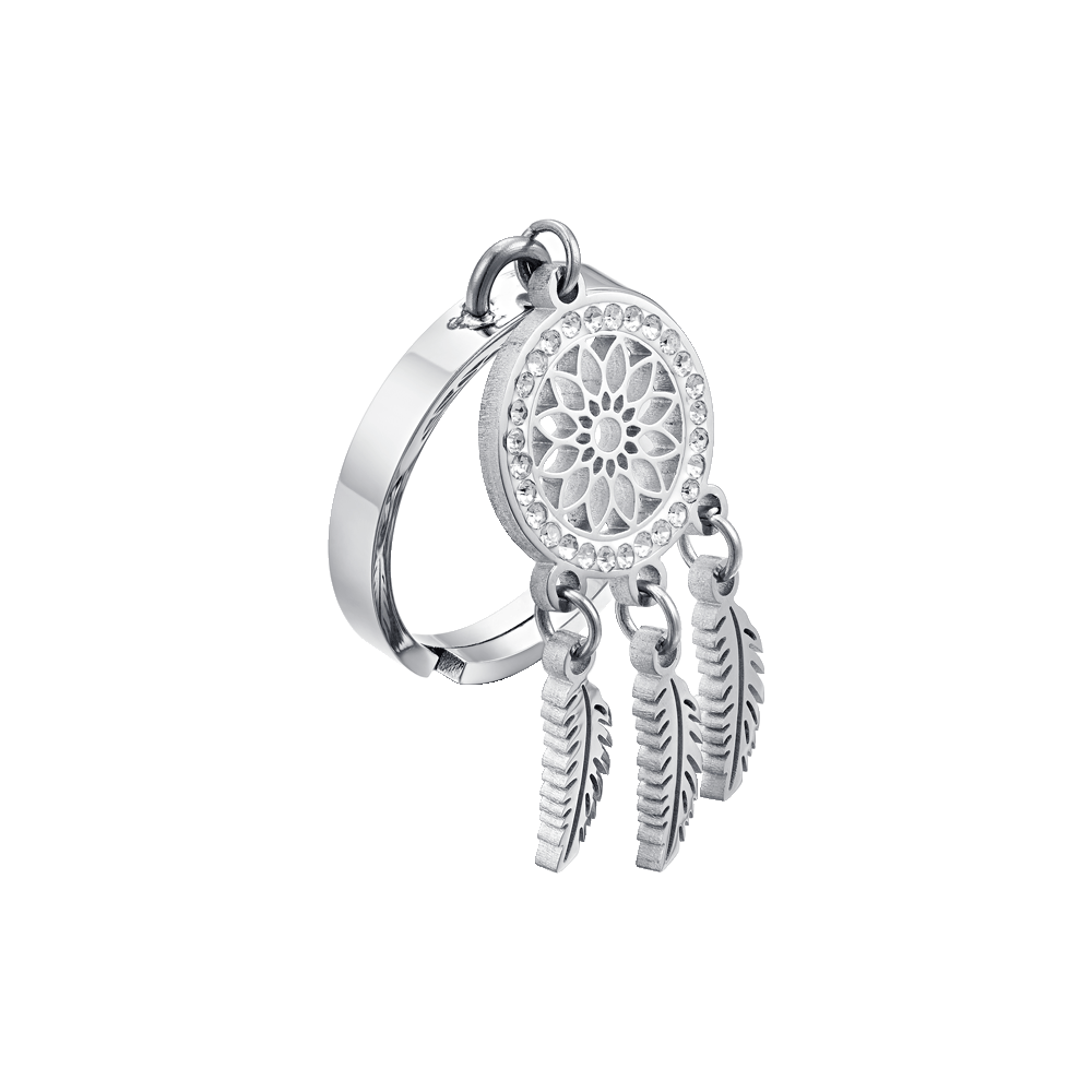 Luca Barra: Anello donna in acciaio con acchiappasogni con cristalli bianchi.