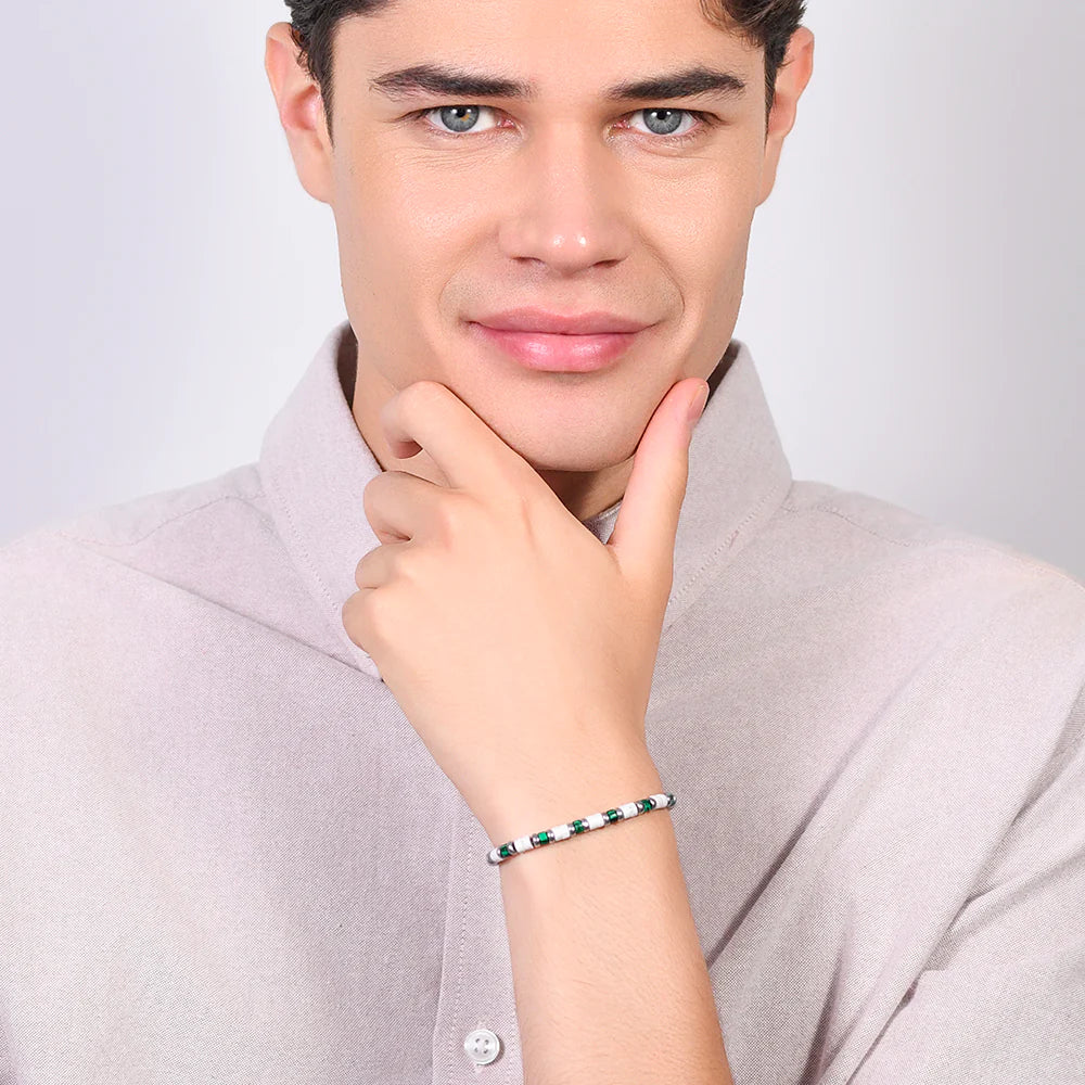 Luca Barra: Bracciale Uomo in acciaio con pietre bianche e verdi.