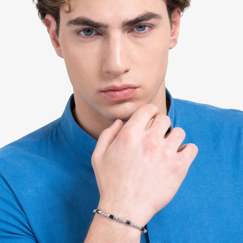 LUCA BARRA: bracciale uomo in acciaio con ematite e pietre onice