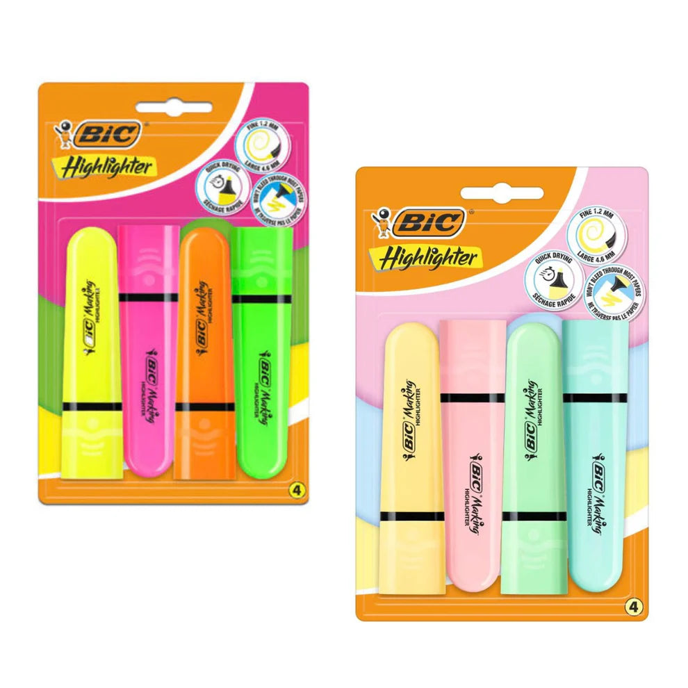 Set 4 Evidenziatori BIC Flat – Punta a Scalpello Pastello e Fluo