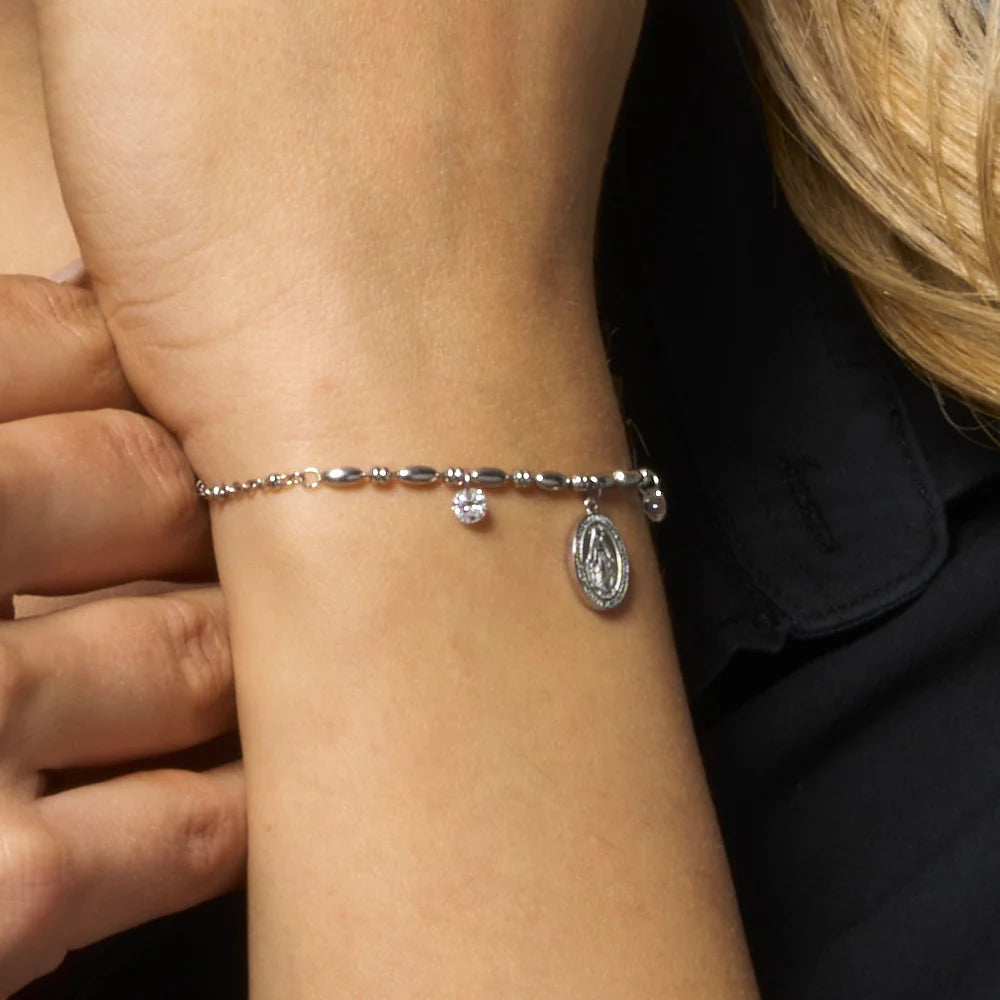 Luca Barra: Bracciale donna in acciaio con Madonnina miracolosa e zirconi bianchi