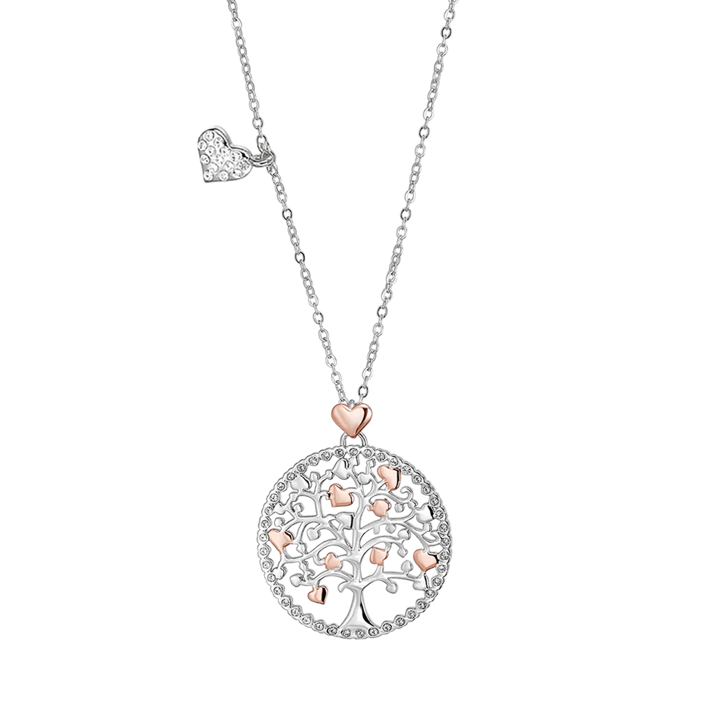 Luca Barra: Collana in acciaio, ciondolo Albero della Vita con cuori rosè e cristalli bianchi.