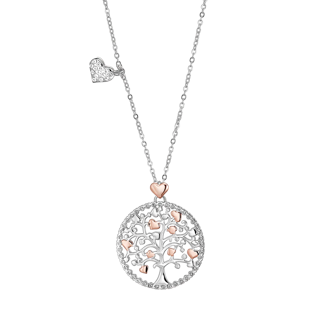 Luca Barra: Collana in acciaio, ciondolo Albero della Vita con cuori rosè e cristalli bianchi.
