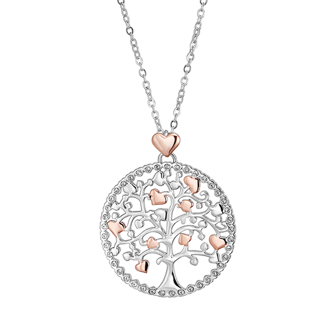 Luca Barra: Collana in acciaio, ciondolo Albero della Vita con cuori rosè e cristalli bianchi.