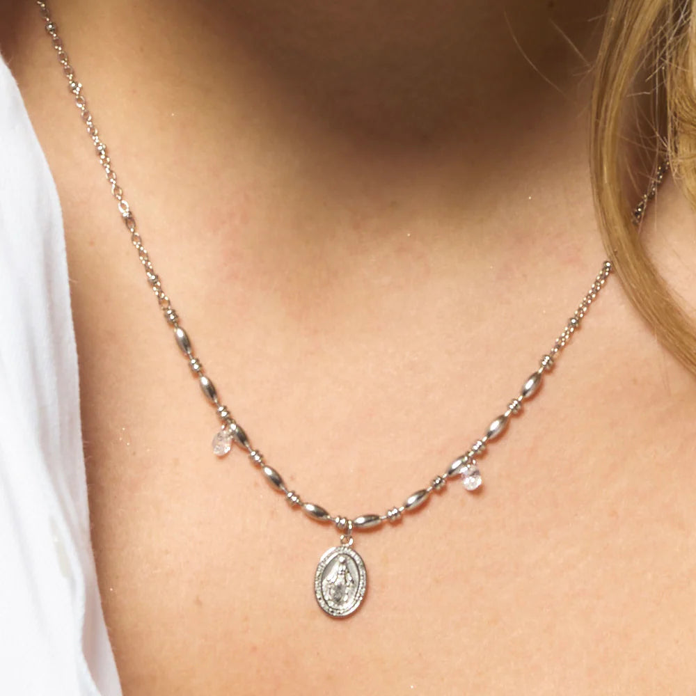 Luca Barra: Collana donna in acciaio con Madonnina miracolosa e zirconi bianchi