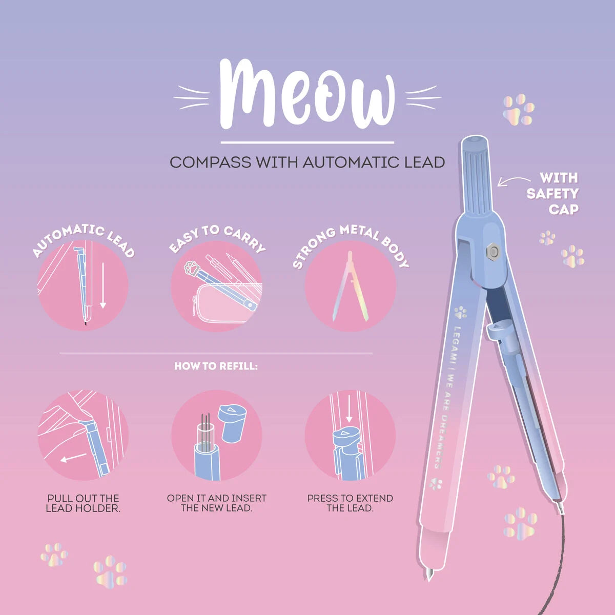 Compasso con Mina Automatica Legami Meow | 10 Mine 0,5mm 2B Incluse