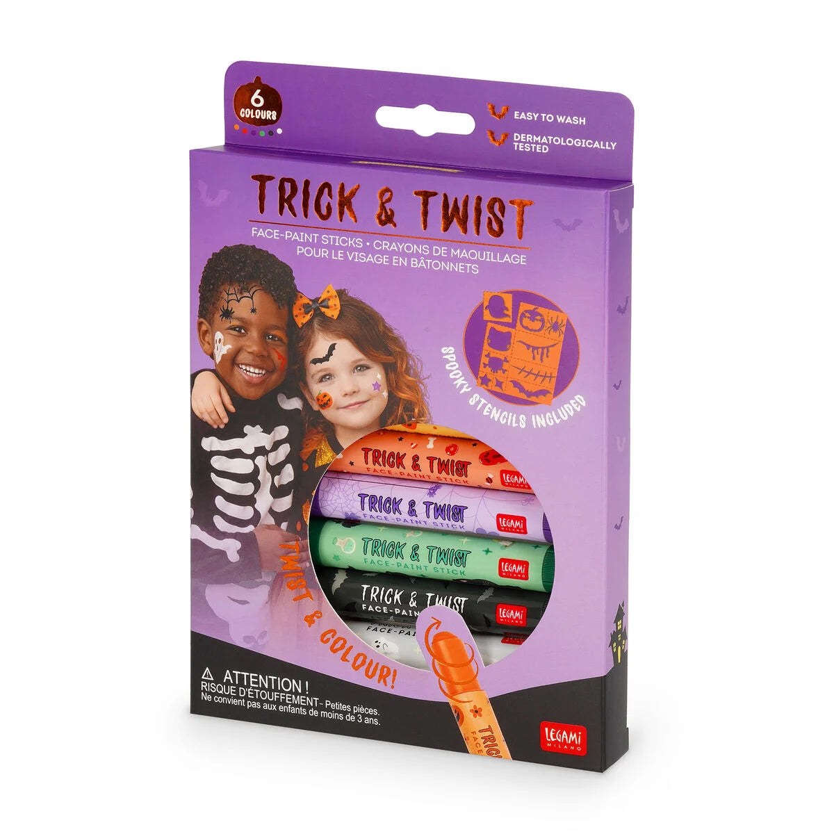 Legami Halloween Set 6 Trucchi Viso in Stick Trick & Twist – 6 Colori + Stencil