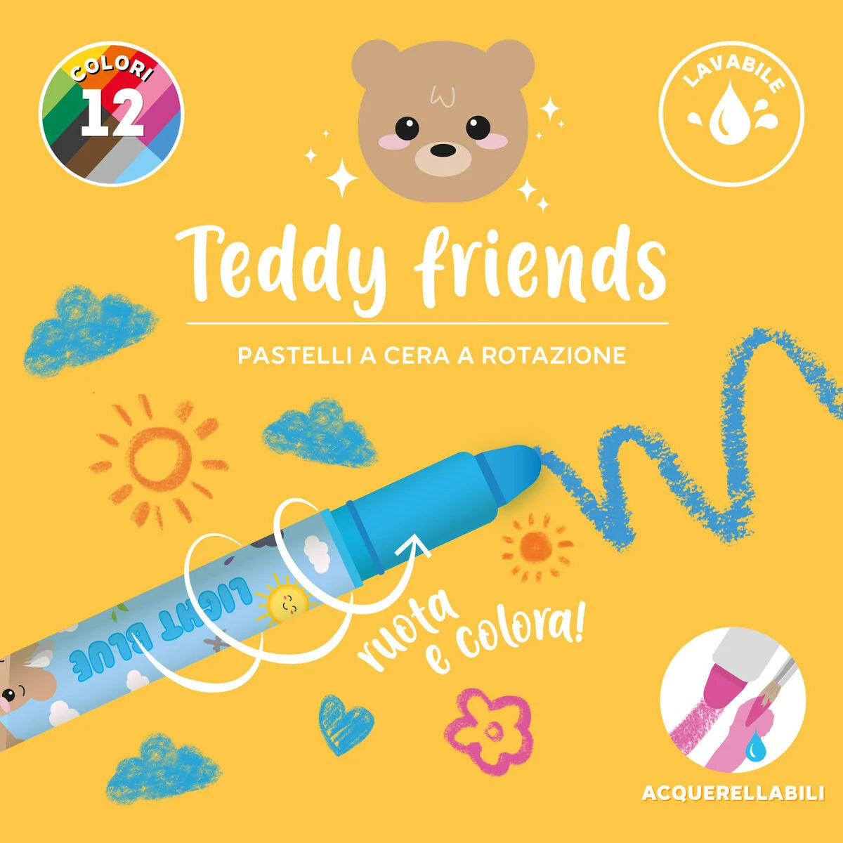 Legami Pastelli a Cera Rotanti Teddy Friends – 12 Colori Lavabili