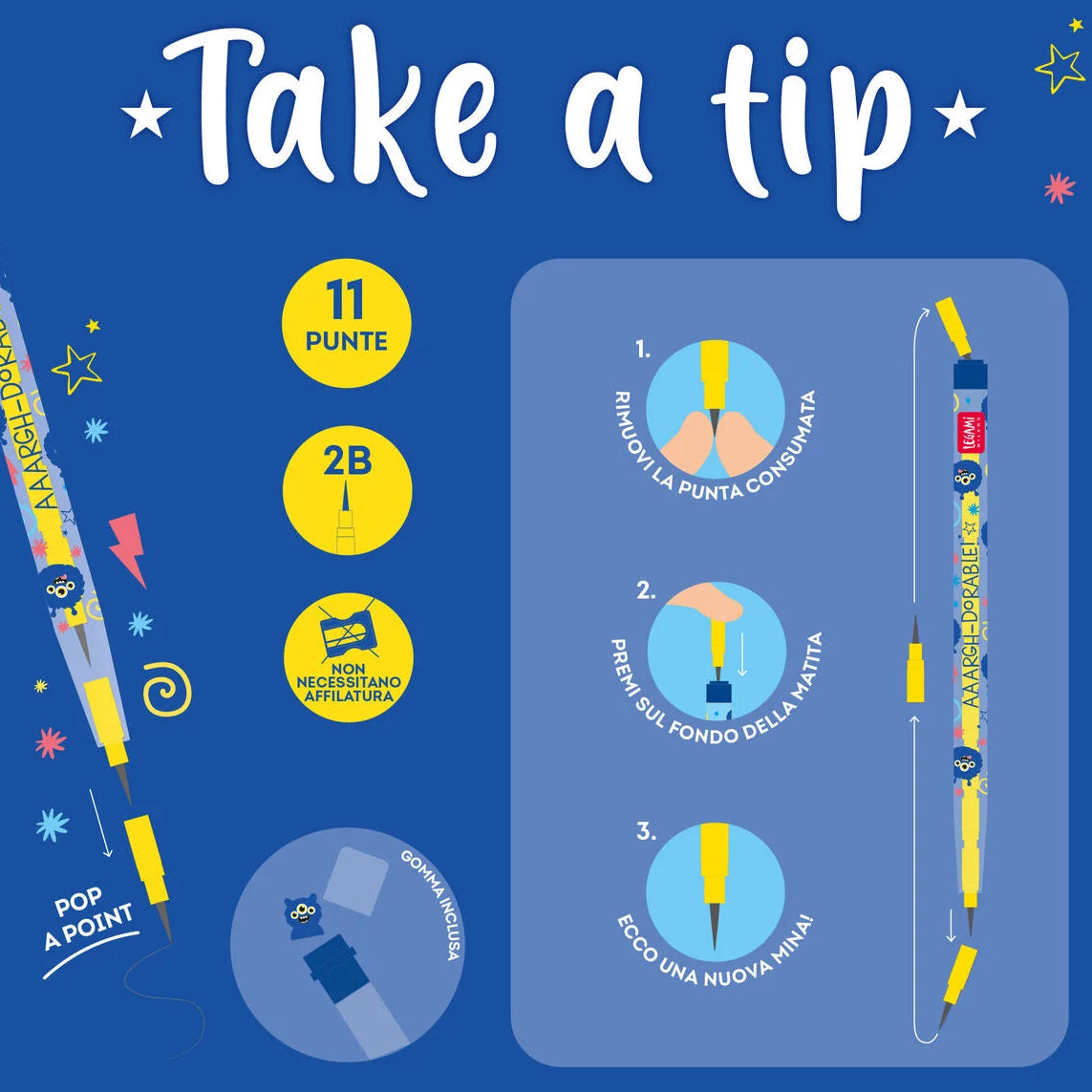 Legami: Matite Impilabili con Gomma Monster - Take A Tip