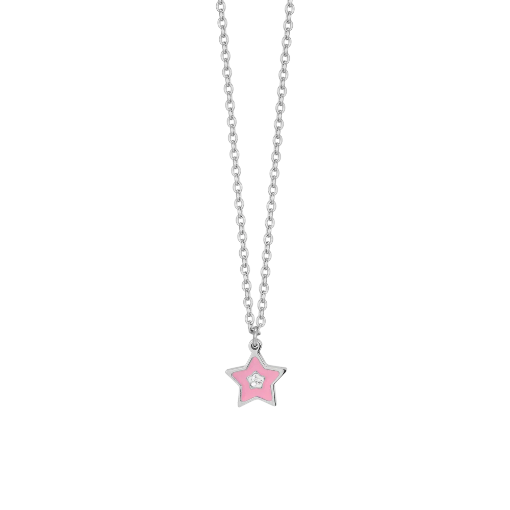 Luca Barra: Collana Bambina in acciaio stella con smalto rosa e cristallo bianco.