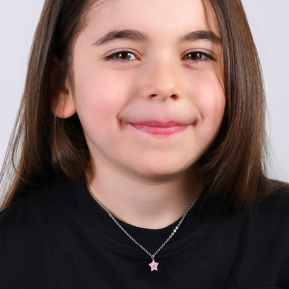 Luca Barra: Collana Bambina in acciaio stella con smalto rosa e cristallo bianco.