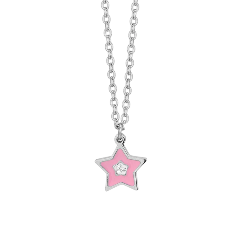 Luca Barra: Collana Bambina in acciaio stella con smalto rosa e cristallo bianco.