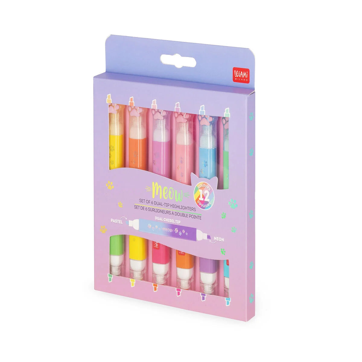 Set 6 Evidenziatori Doppia Punta Pastello e Neon Legami – Meow Kitty