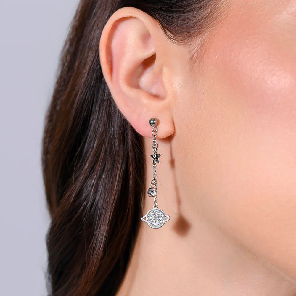 Luca Barra: Orecchini Donna in acciaio con pianeta, stella e cristallo bianco