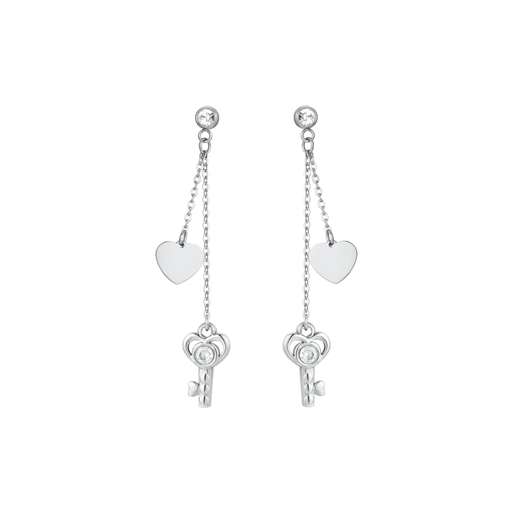 Luca Barra: Orecchini Donna in acciaio con chiave, cuore e cristallo bianco.