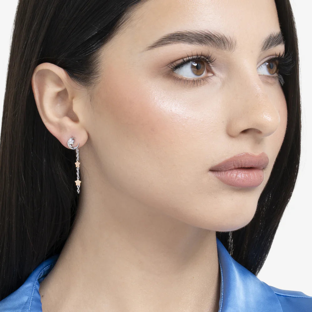 Luca Barra: Mono orecchino donna in acciaio, luna con zircone bianco e stelle IP rose